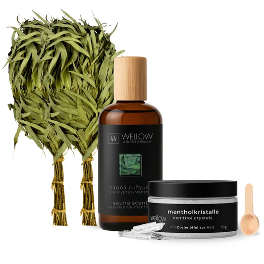 Banja Set Eukalyptus Frischekraft mit Eukalyptusquasten, Eukalyptus-Aufguss & Mentholkristallen (Kopie) - Wellow Sauna