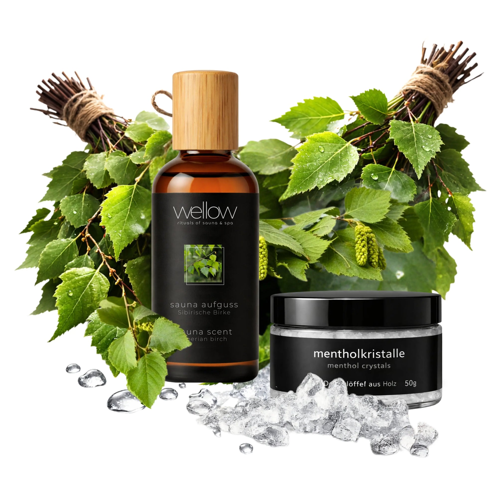 Banja Set Sibirische Klarheit mit Birkenquasten, Birken-Aufguss & Mentholkristallen - Wellow Sauna