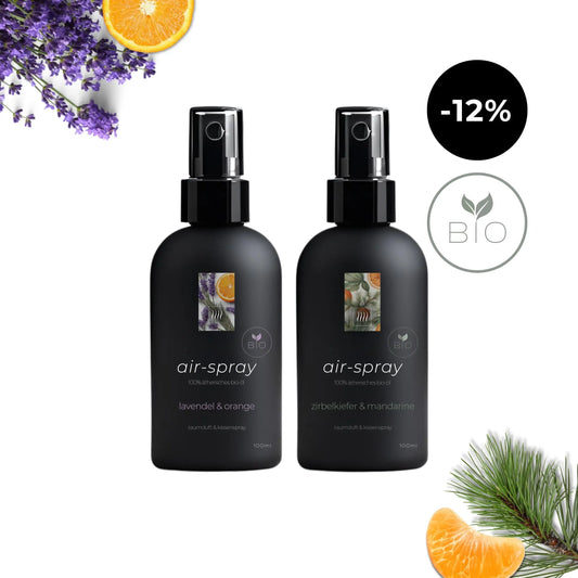 Bio-Aromaspray 2er-Sparset: Für Raum & Kissen – Zirbe-Mandarine & Lavendel-Orange - Wellow Sauna