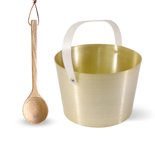 Design-Saunaeimer Set mit Tragegurt gelbgold und Aufgusskelle - Wellow Sauna