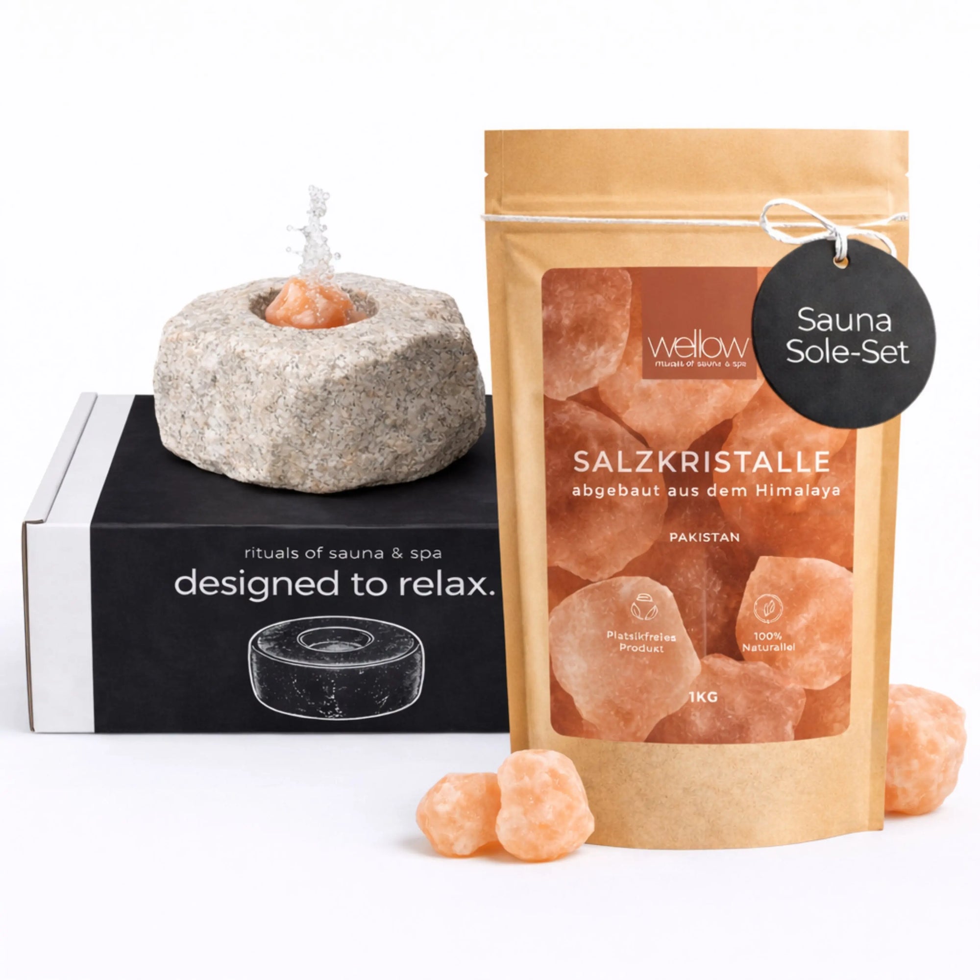 Sole-Set Saunaset 1kg Salzkristalle + Spezial-Saunastein Dampfstein - Wellow Sauna