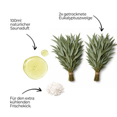 Banja Set Eukalyptus Frischekraft mit Eukalyptusquasten, Eukalyptus-Aufguss & Mentholkristallen